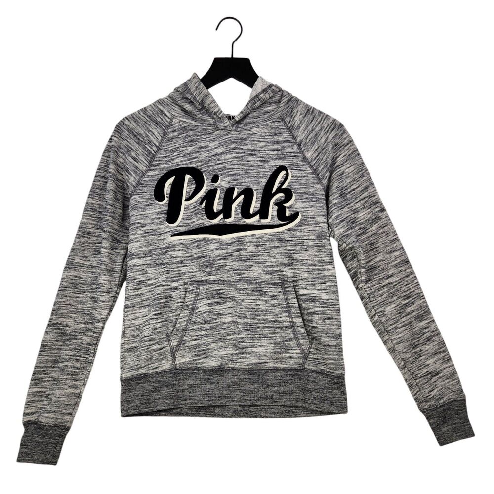 PINK Victoria's Secret Hoodie XS Heather‎ Grey Black White Script 3-D Pullover